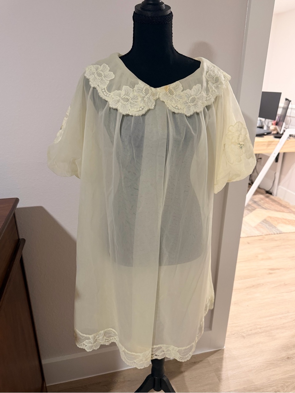 Sheer Lace-Trim Peignoir Robe in Pale Yellow